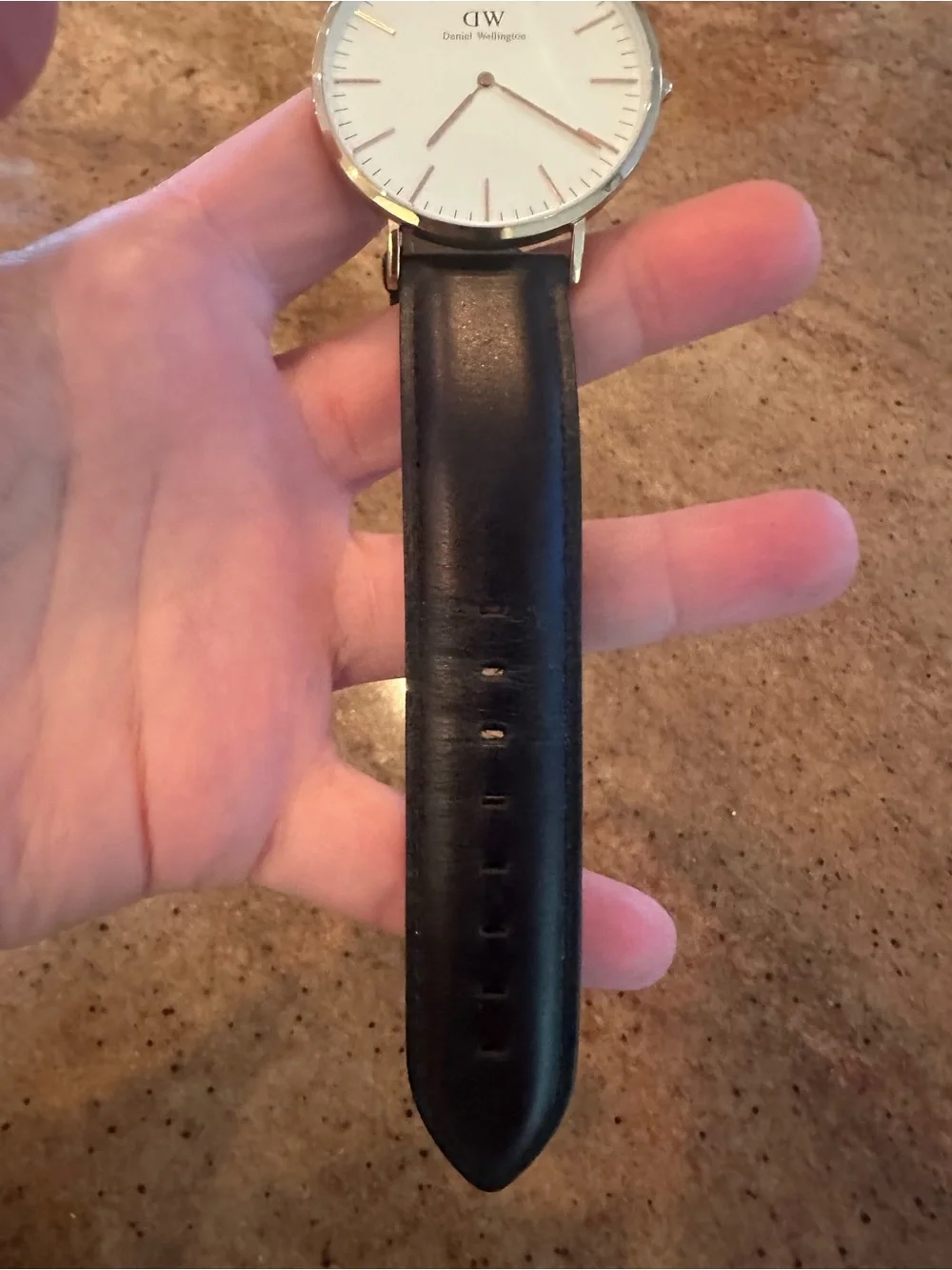 Daniel Wellington Black Leather Strap Watch with White Dial and Gold Case 36 mm.